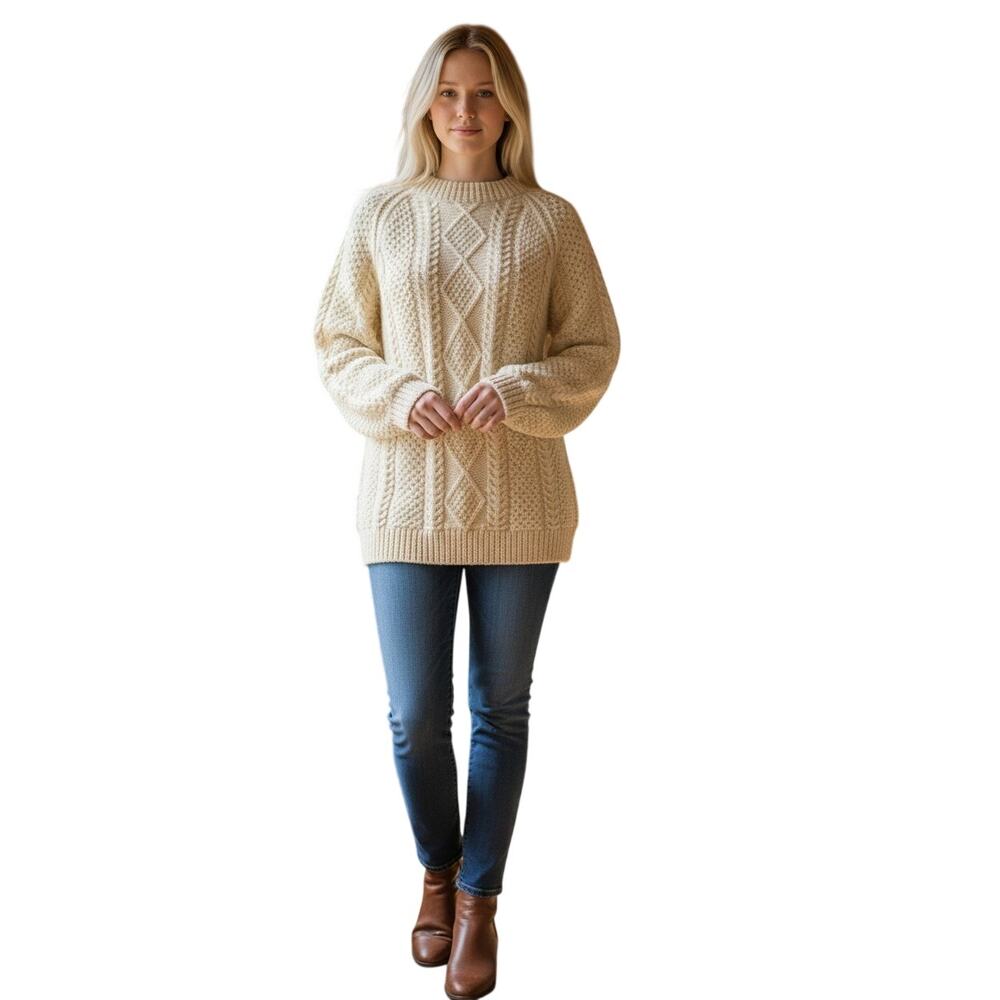 Vintage 80s Bunratty Wool Pullover Jumper Sweater Fisherman Cream